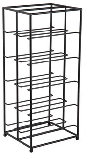 Schwarzes Metall-Weinregal mit mehreren Ebenen, seitliche Perspektive