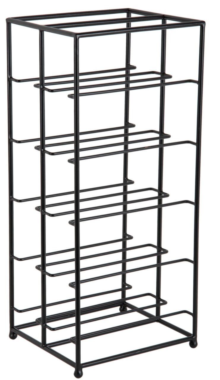 Schwarzes Metall-Weinregal mit mehreren Ebenen, seitliche Perspektive