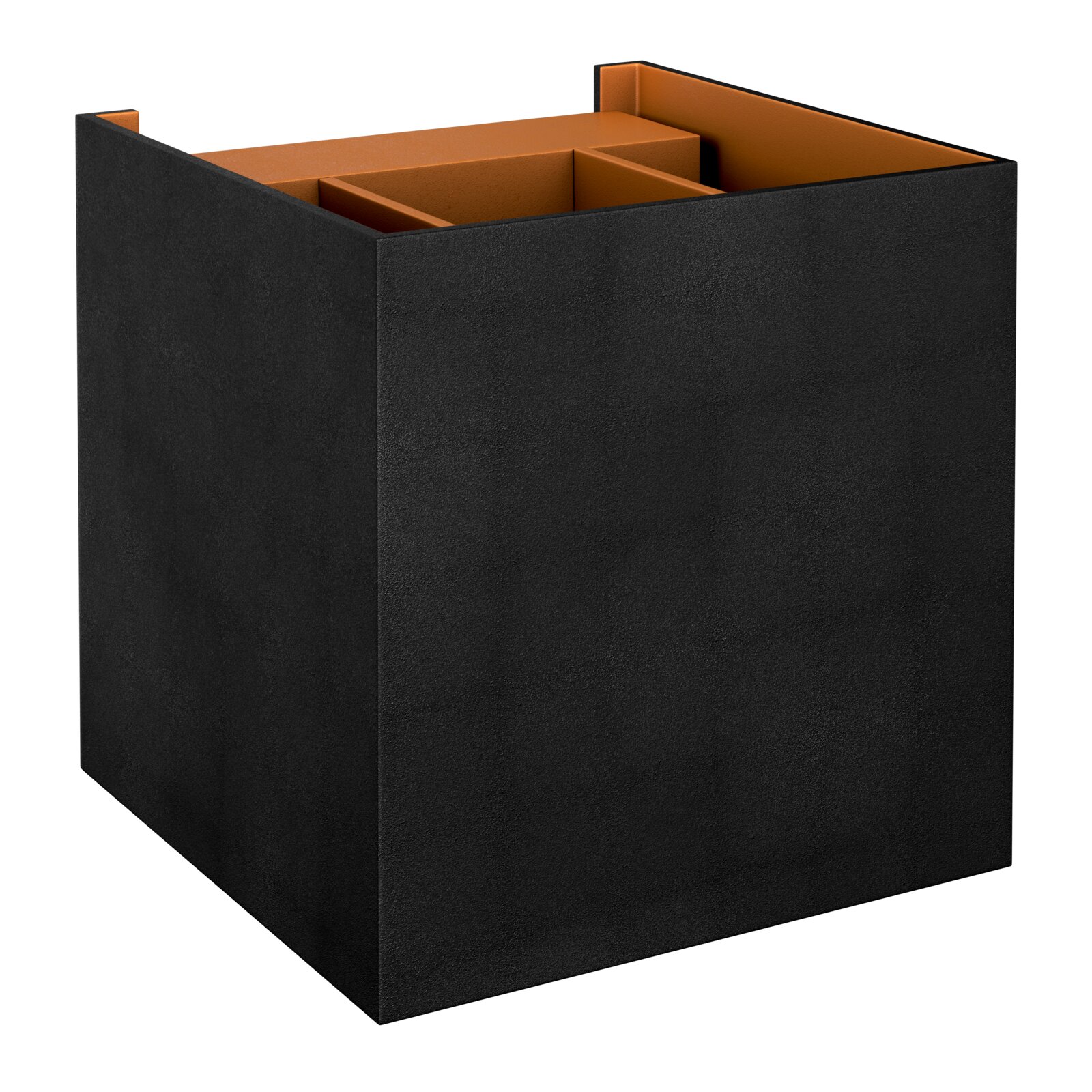 Schwarze, offene Aufbewahrungsbox mit orangefarbenen Innenfächern, schräg von vorn oben fotografiert