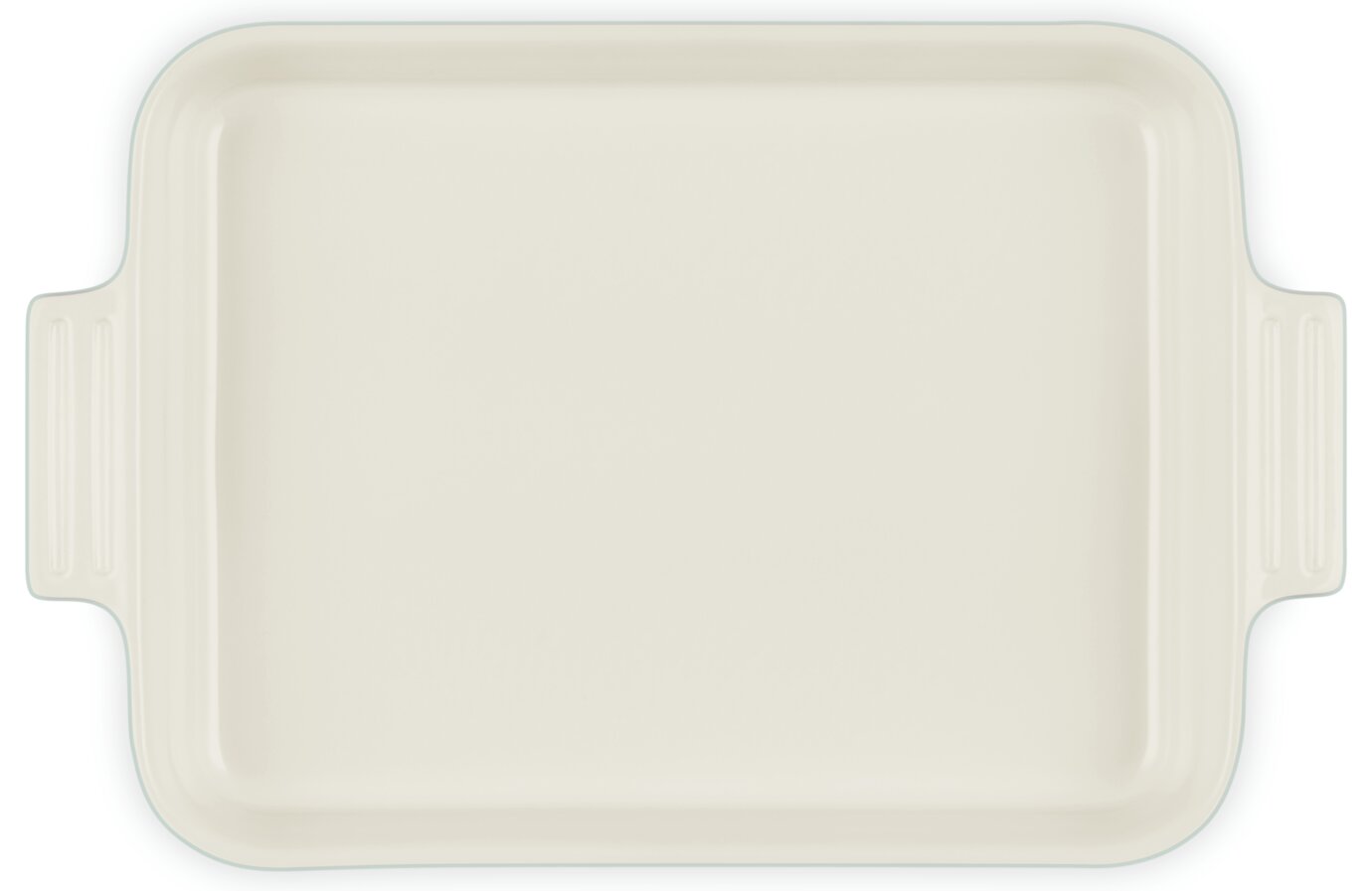 Rechteckige, cremefarbene Auflaufform/Backform mit zwei seitlichen Griffen, Draufsicht von oben