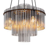 Moderne Hängeleuchte GORLEY mit vertikalen Metallstäben und warmem Licht, seitliche Perspektive