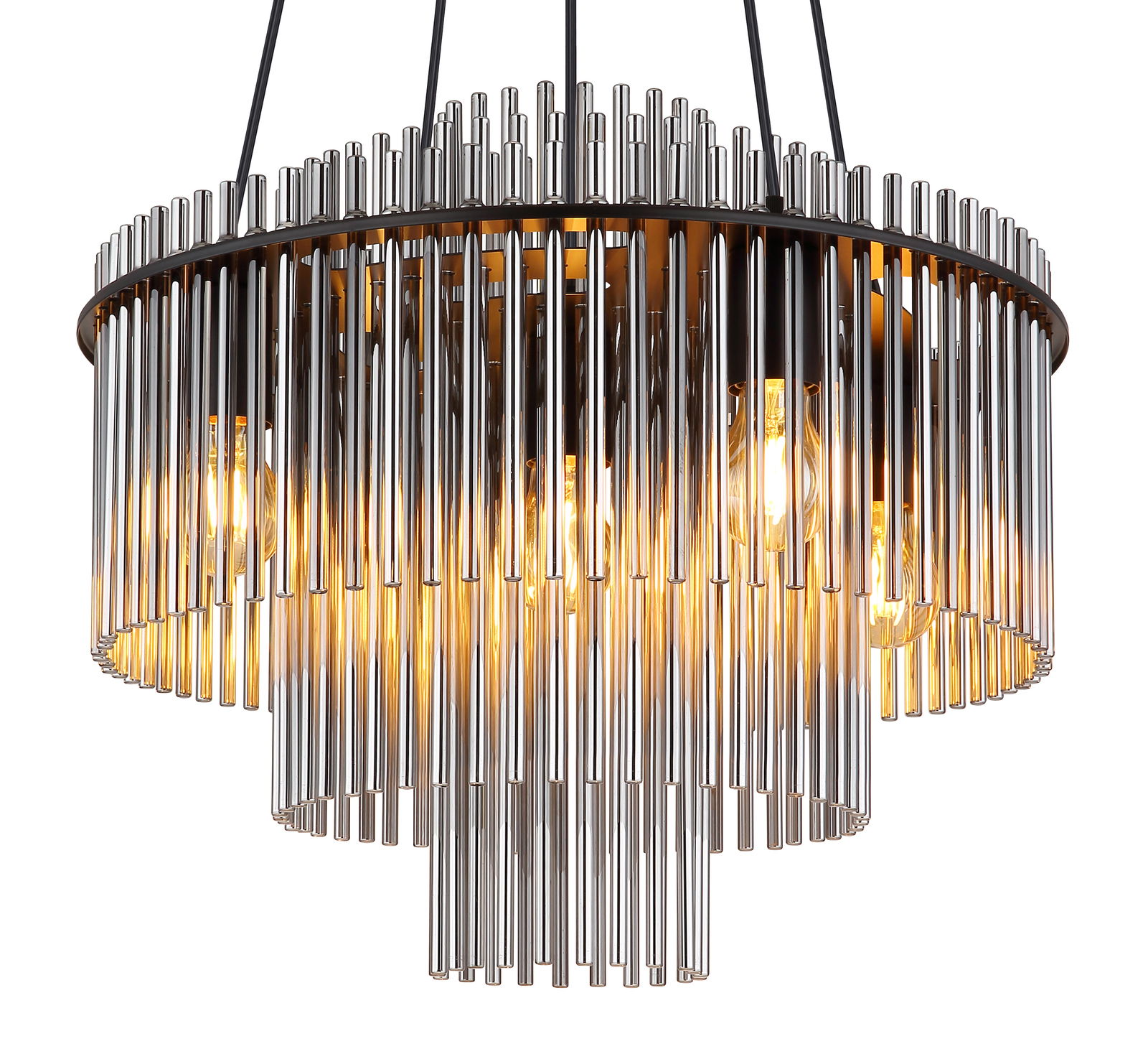 Moderne Hängeleuchte GORLEY mit vertikalen Metallstäben und warmem Licht, seitliche Perspektive