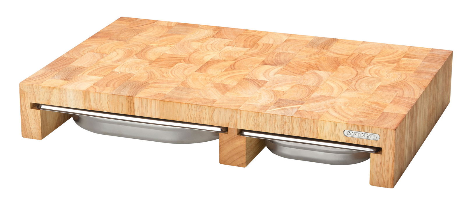 Multifunktionsbrett aus Holz mit zwei integrierten Schubladen aus Edelstahl, perspektivisch von vorne fotografiert.