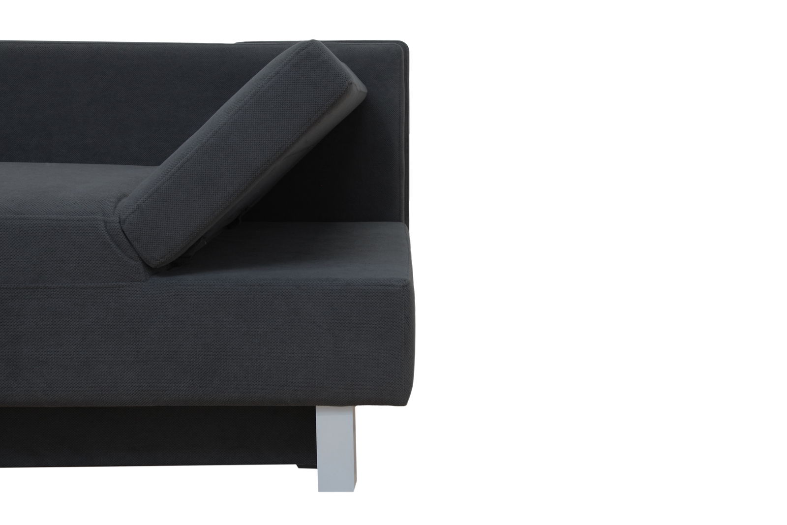 Dunkelgraues Funktionssofa mit verstellbarer Rückenlehne, seitliche Perspektive