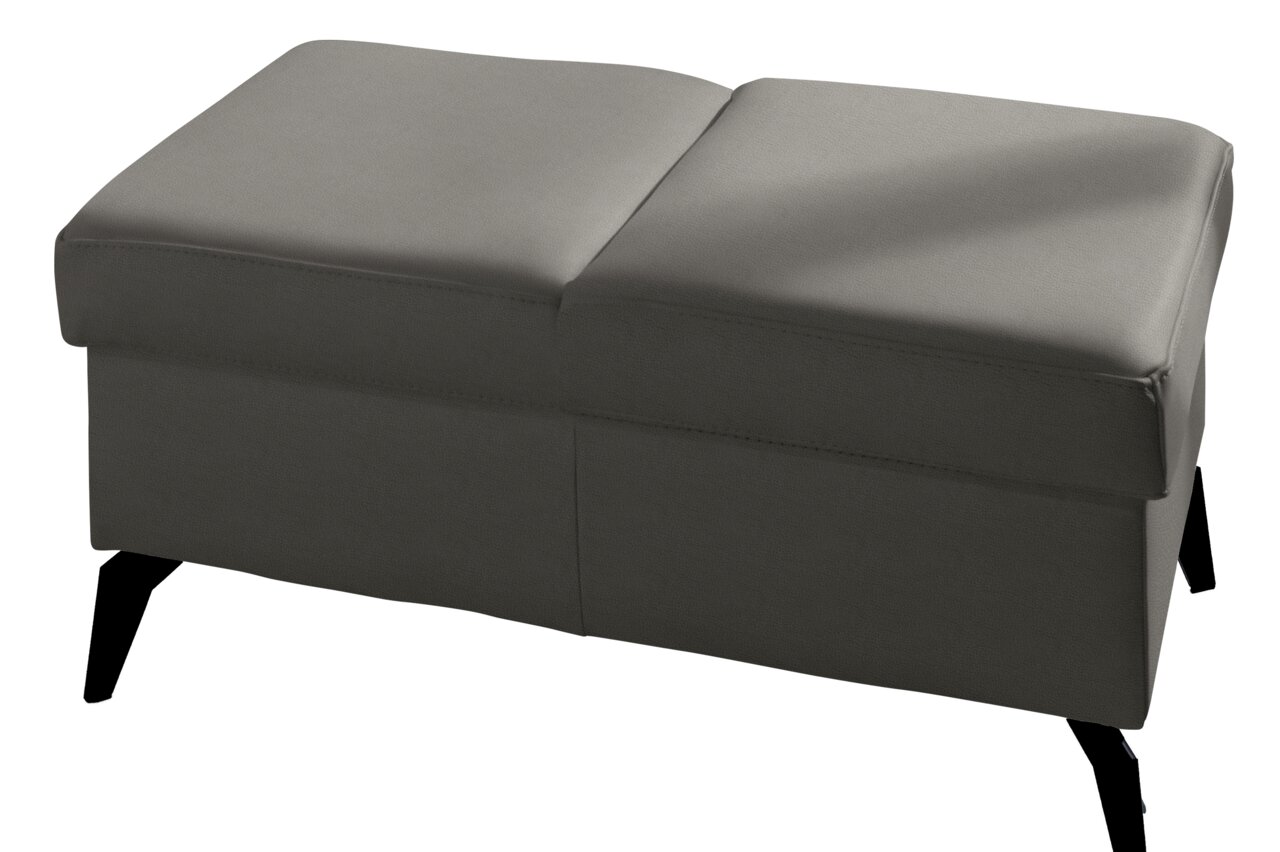 Grauer Hocker mit schwarzem Metallgestell, seitliche Perspektive