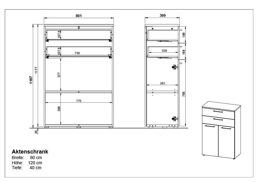 Aktenschrank mit den Maßen Breite 80 cm, Höhe 120 cm, Tiefe 40 cm, Frontansicht und Seitenansicht.