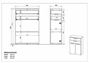 Aktenschrank mit den Maßen Breite 80 cm, Höhe 120 cm, Tiefe 40 cm, Frontansicht und Seitenansicht.