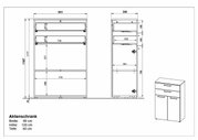 Aktenschrank mit den Maßen Breite 80 cm, Höhe 120 cm, Tiefe 40 cm, Frontansicht und Seitenansicht.