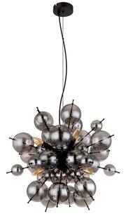 Moderne Hängeleuchte mit rauchgrauen Glaskugeln, von unten betrachtet.