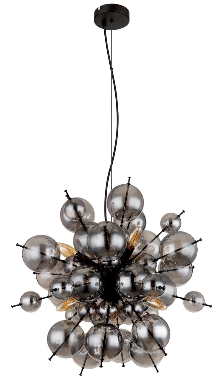 Moderne Hängeleuchte mit rauchgrauen Glaskugeln, von unten betrachtet.