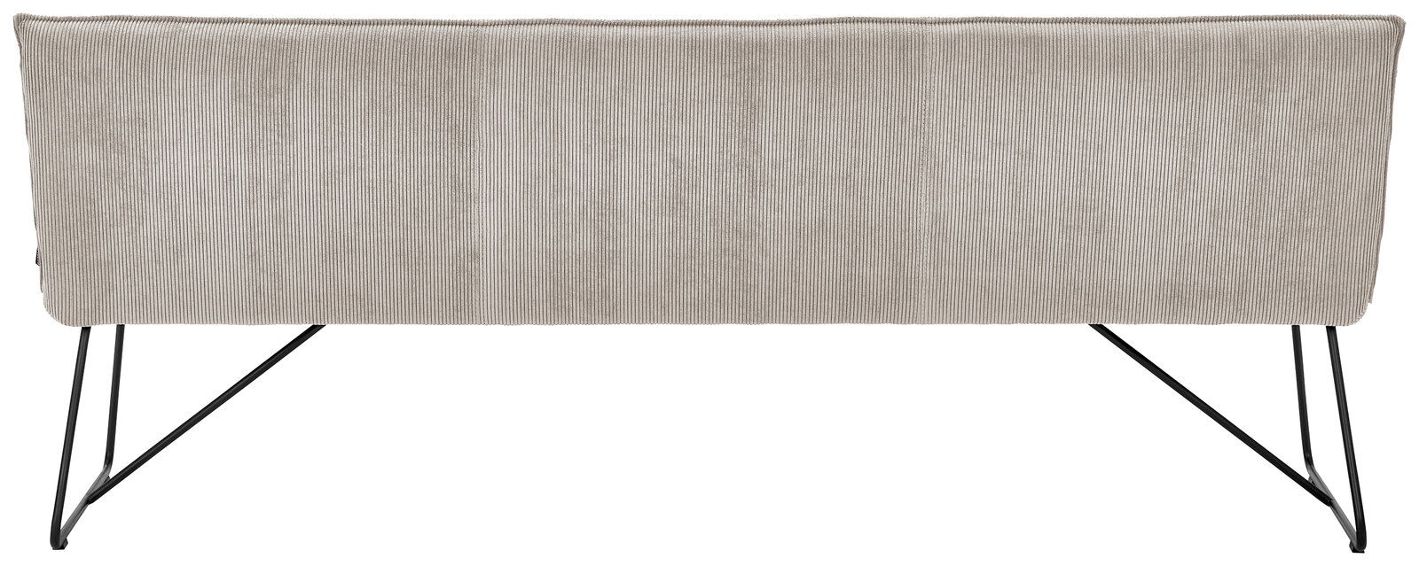 Johann Jakob Sitzbank CALAS Rückansicht einer modernen Sitzbank mit grauem Stoffbezug und schwarzen Metallbeinen.