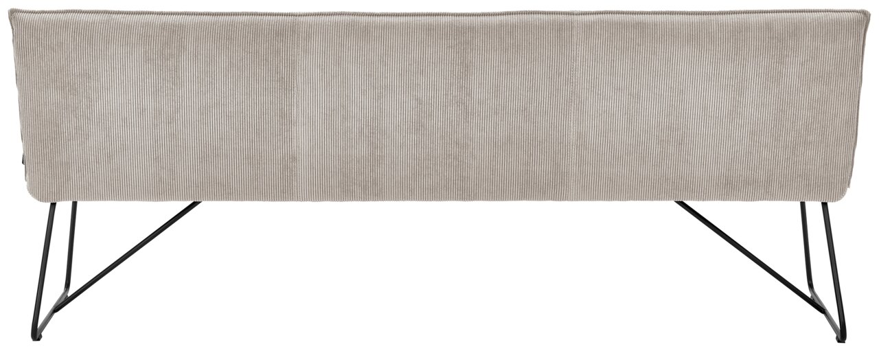 Rückansicht einer modernen Sitzbank mit grauem Stoffbezug und schwarzen Metallbeinen.