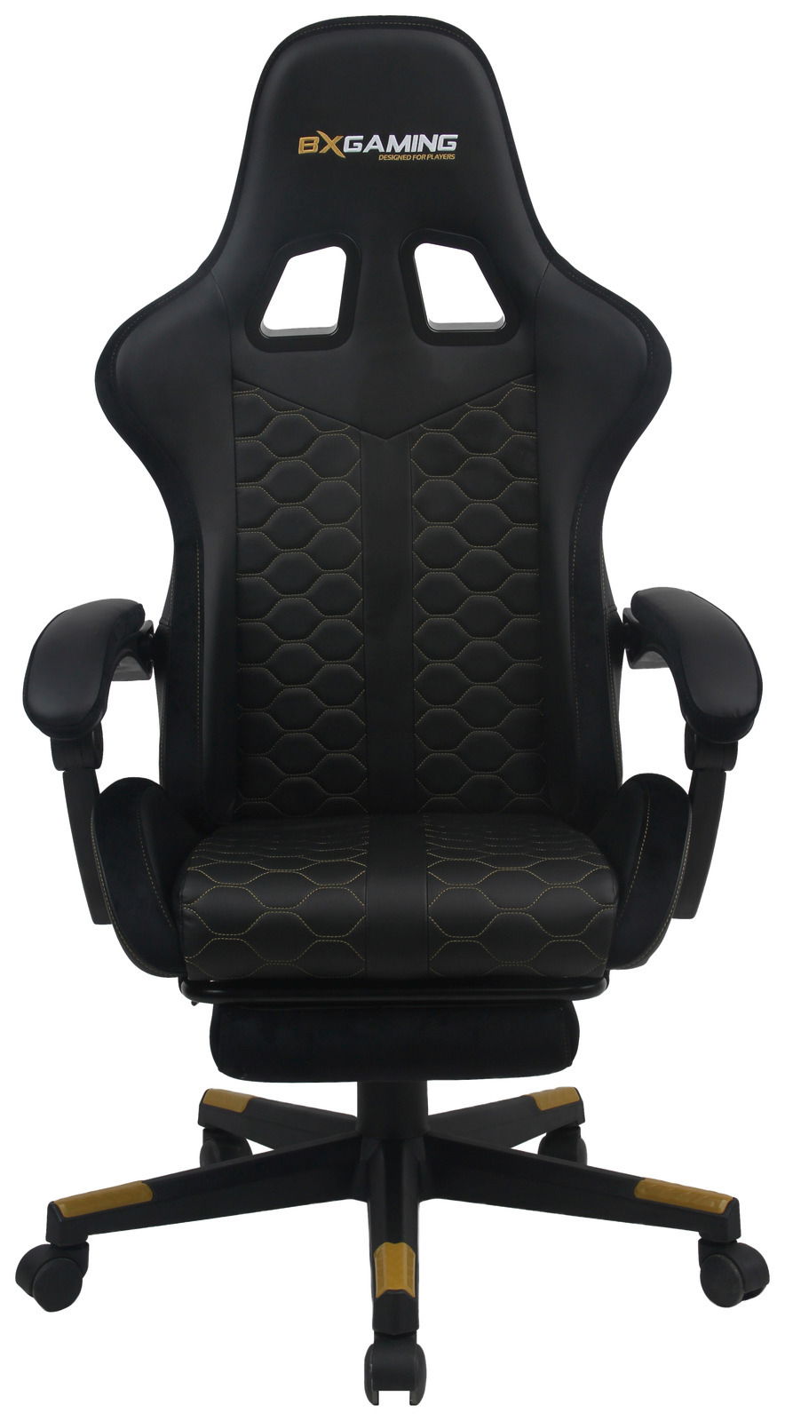 Schwarzer Gaming-Stuhl mit ergonomischem Design, Wabenmuster und goldenen Akzenten, Vorderansicht