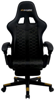 Schwarzer Gaming-Stuhl mit ergonomischem Design, Wabenmuster und goldenen Akzenten, Vorderansicht