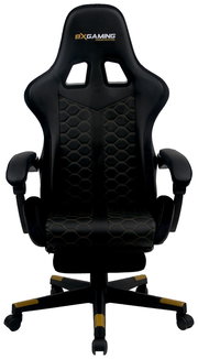Schwarzer Gaming-Stuhl mit ergonomischem Design, Wabenmuster und goldenen Akzenten, Vorderansicht