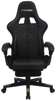 Schwarzer Gaming-Stuhl mit ergonomischem Design, Wabenmuster und goldenen Akzenten, Vorderansicht