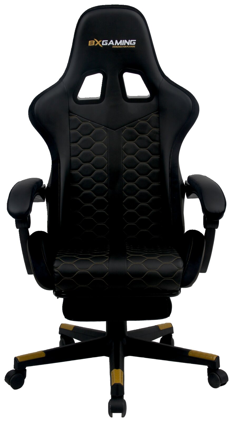 Zwarte gamingstoel met ergonomisch ontwerp, honingraatpatroon en gouden accenten, vooraanzicht