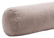 Nahaufnahme einer beigen Zugluftrolle aus 100% Polyester, seitliche Perspektive