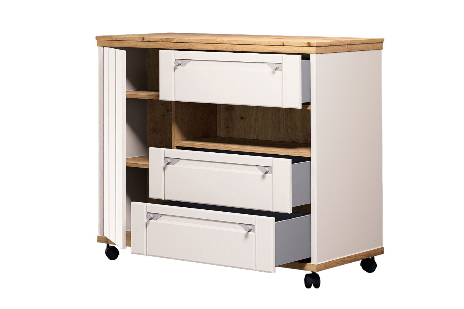 Buffetwagen mit zwei offenen Schubladen und einem Regal, aus Holz und Weiß, auf Rollen, seitliche Perspektive
