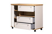 Buffetwagen mit zwei offenen Schubladen und einem Regal, aus Holz und Weiß, auf Rollen, seitliche Perspektive