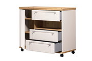 Buffetwagen mit zwei offenen Schubladen und einem Regal, aus Holz und Weiß, auf Rollen, seitliche Perspektive