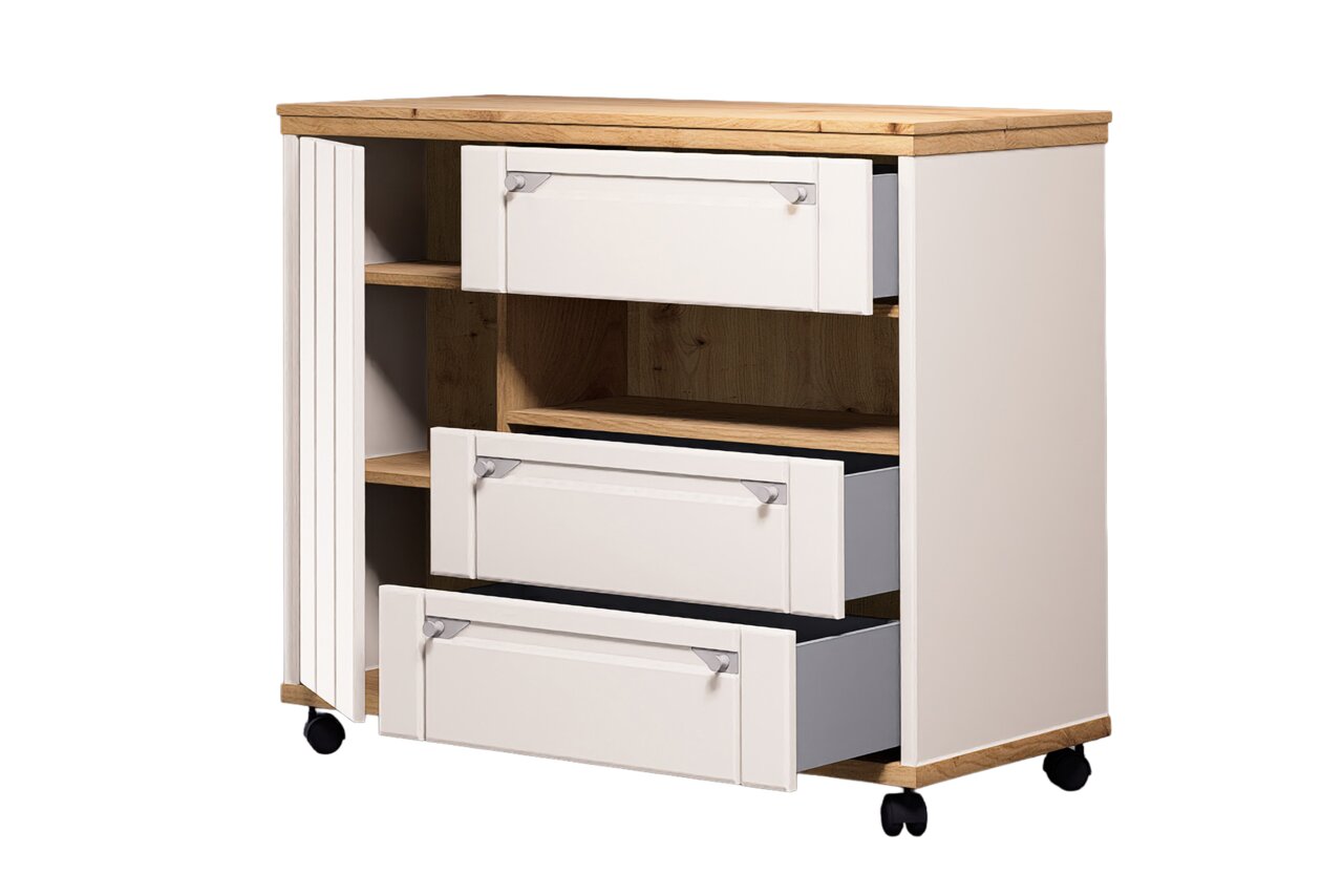 Buffetwagen mit zwei offenen Schubladen und einem Regal, aus Holz und Weiß, auf Rollen, seitliche Perspektive