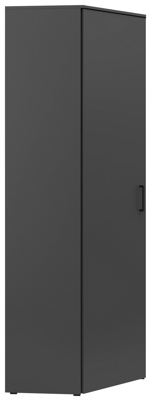 Schwarzer Eckschrank mit moderner, minimalistischer Gestaltung, frontal und leicht seitlich betrachtet.