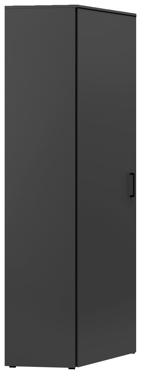 Schwarzer Eckschrank mit moderner, minimalistischer Gestaltung, frontal und leicht seitlich betrachtet.