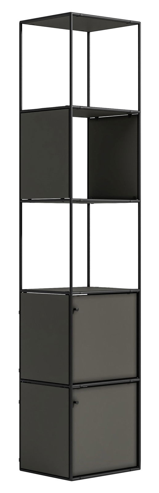 Novel Regal 40 BRERA OFFICE Hohes, modernes Aktenregal mit schwarzem Metallrahmen und dunklen Fächern, seitliche Perspektive.