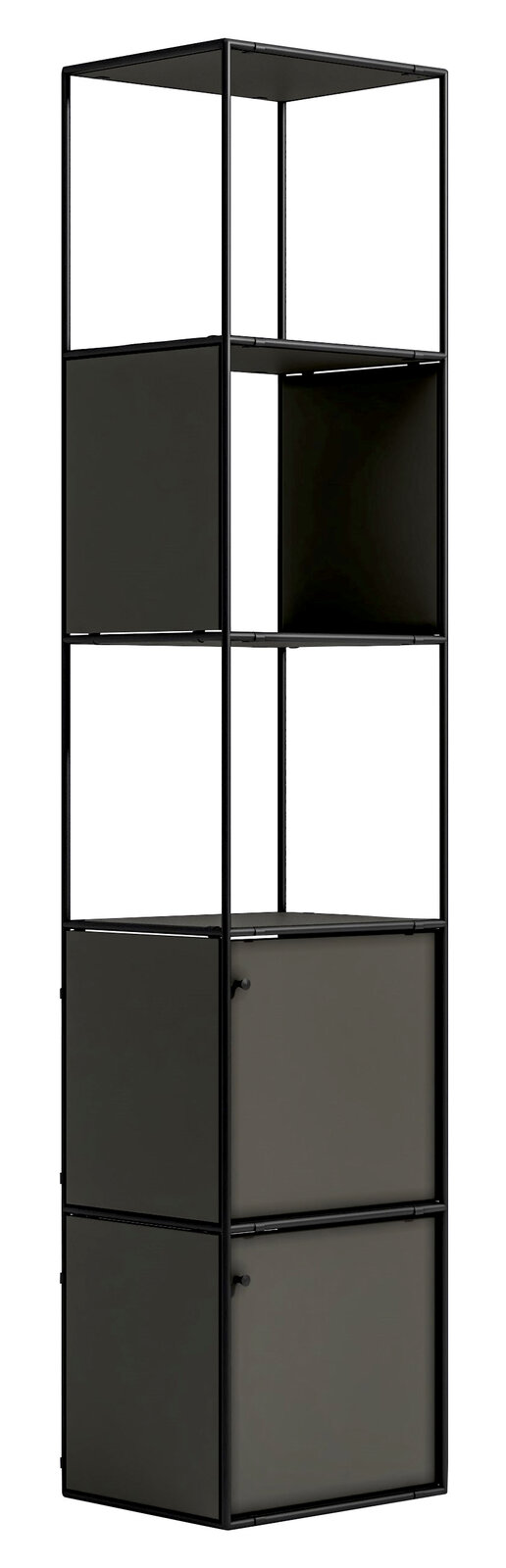 Novel Regal 40 BRERA OFFICE Hohes, modernes Aktenregal mit schwarzem Metallrahmen und dunklen Fächern, seitliche Perspektive.