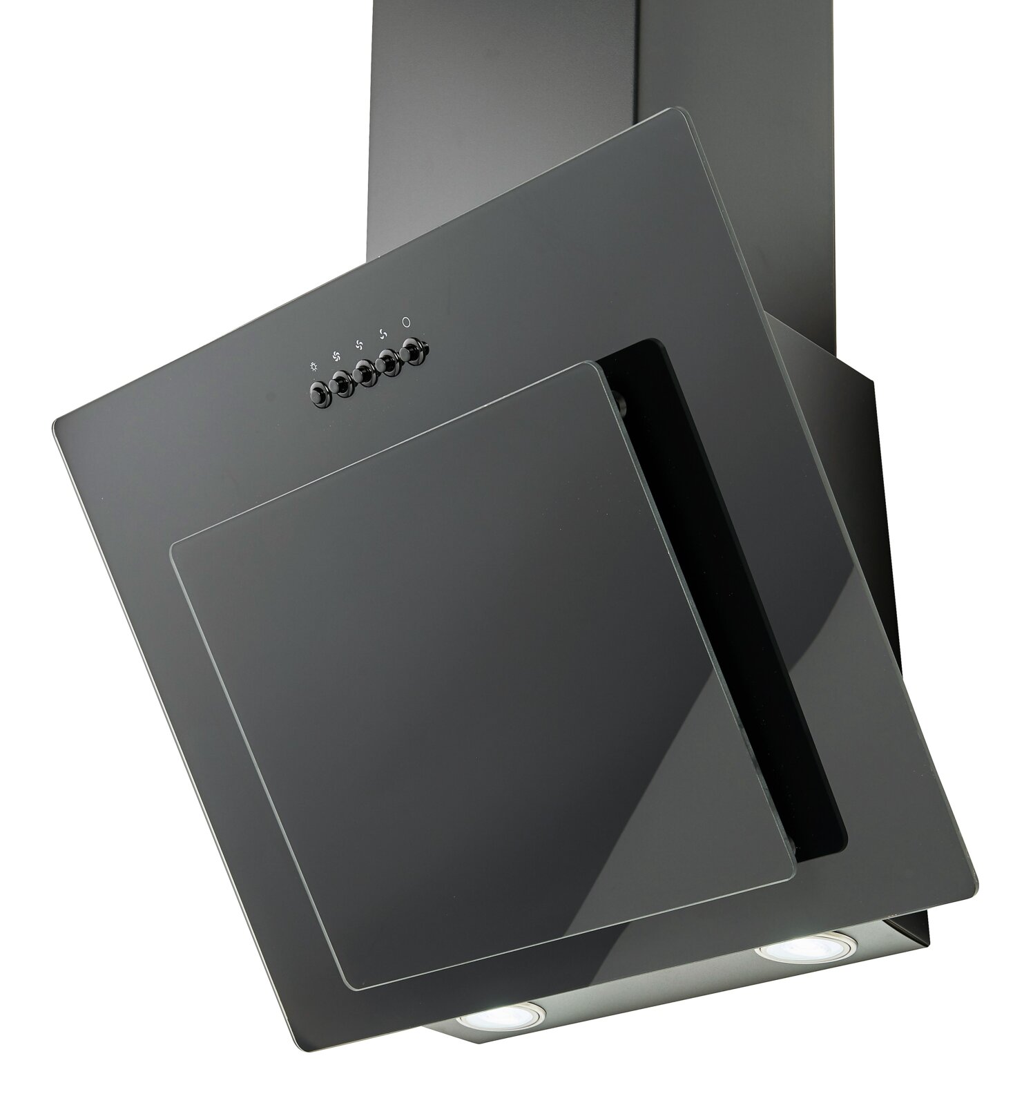 Schwarze schräge Wand-Dunstabzugshaube aus Glas und Metall mit Tastenbedienung und zwei integrierten LED-Leuchten, schräg von vorne/unten fotografiert