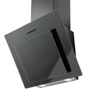 Schwarze schräge Wand-Dunstabzugshaube aus Glas und Metall mit Tastenbedienung und zwei integrierten LED-Leuchten, schräg von vorne/unten fotografiert