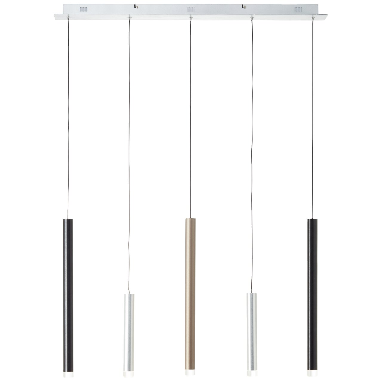 Moderne hanglamp met vijf cilindervormige ledlampen in verschillende kleuren, gezien vanaf de voorkant.