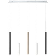 Moderne hanglamp met vijf cilindervormige ledlampen in verschillende kleuren, gezien vanaf de voorkant.