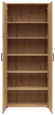 Offener Mehrzweckschrank aus Holz mit mehreren Regalböden, frontale Ansicht