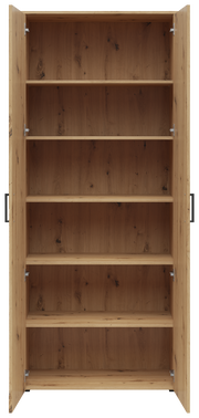 Offener Mehrzweckschrank aus Holz mit mehreren Regalböden, frontale Ansicht