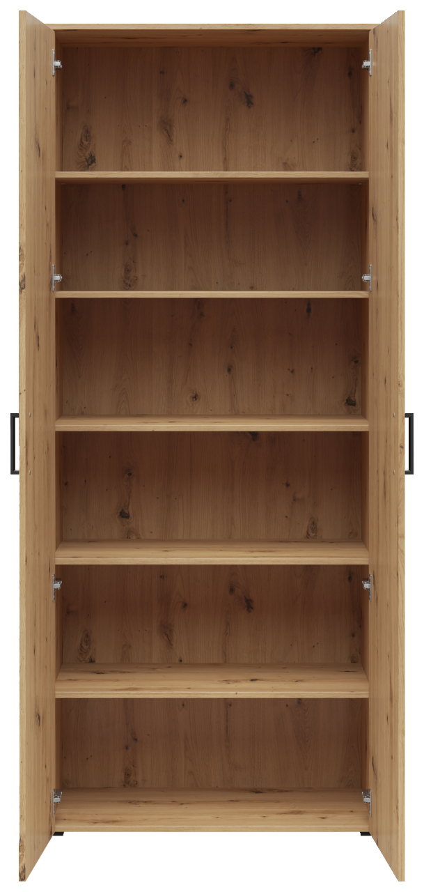 Offener Mehrzweckschrank aus Holz mit mehreren Regalböden, frontale Ansicht