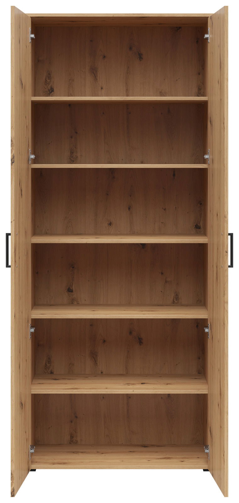 Offener Mehrzweckschrank aus Holz mit mehreren Regalböden, frontale Ansicht