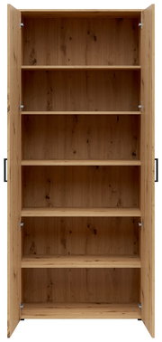 Offener Mehrzweckschrank aus Holz mit mehreren Regalböden, frontale Ansicht