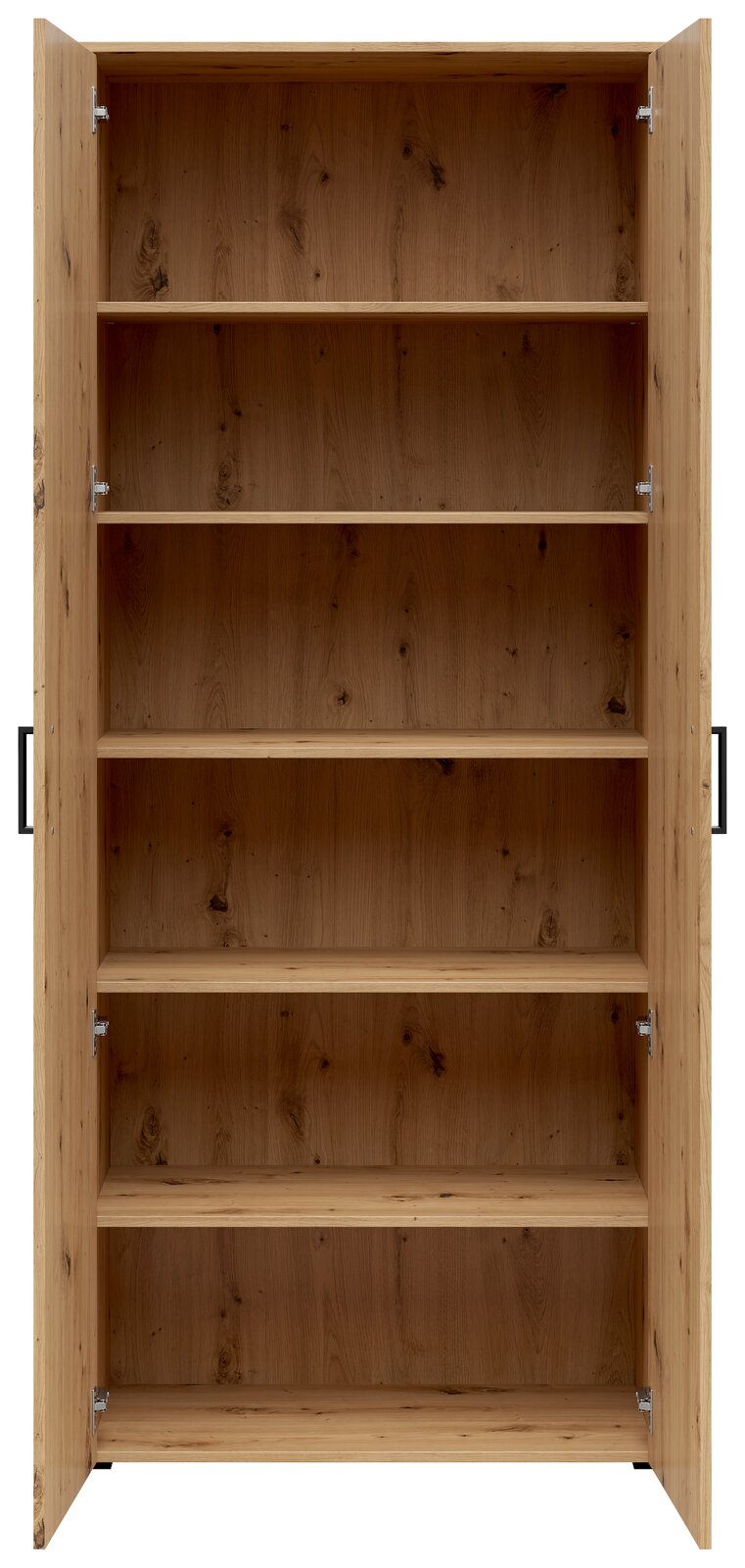 Offener Mehrzweckschrank aus Holz mit mehreren Regalböden, frontale Ansicht