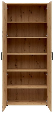 Offener Mehrzweckschrank aus Holz mit mehreren Regalböden, frontale Ansicht