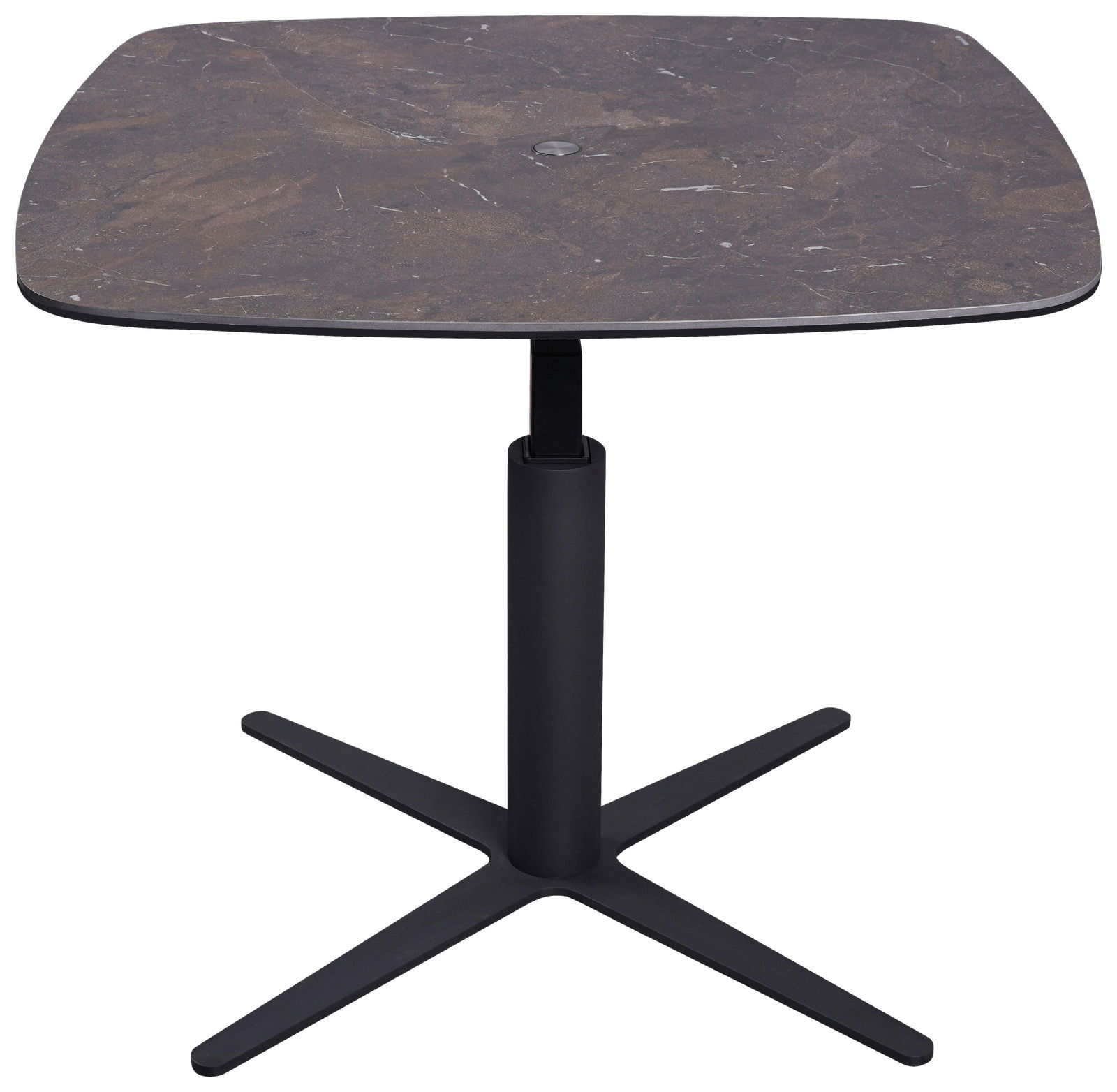 Moderner Couchtisch mit quadratischer, dunkler Tischplatte und schwarzem Metallfuß, seitliche Perspektive