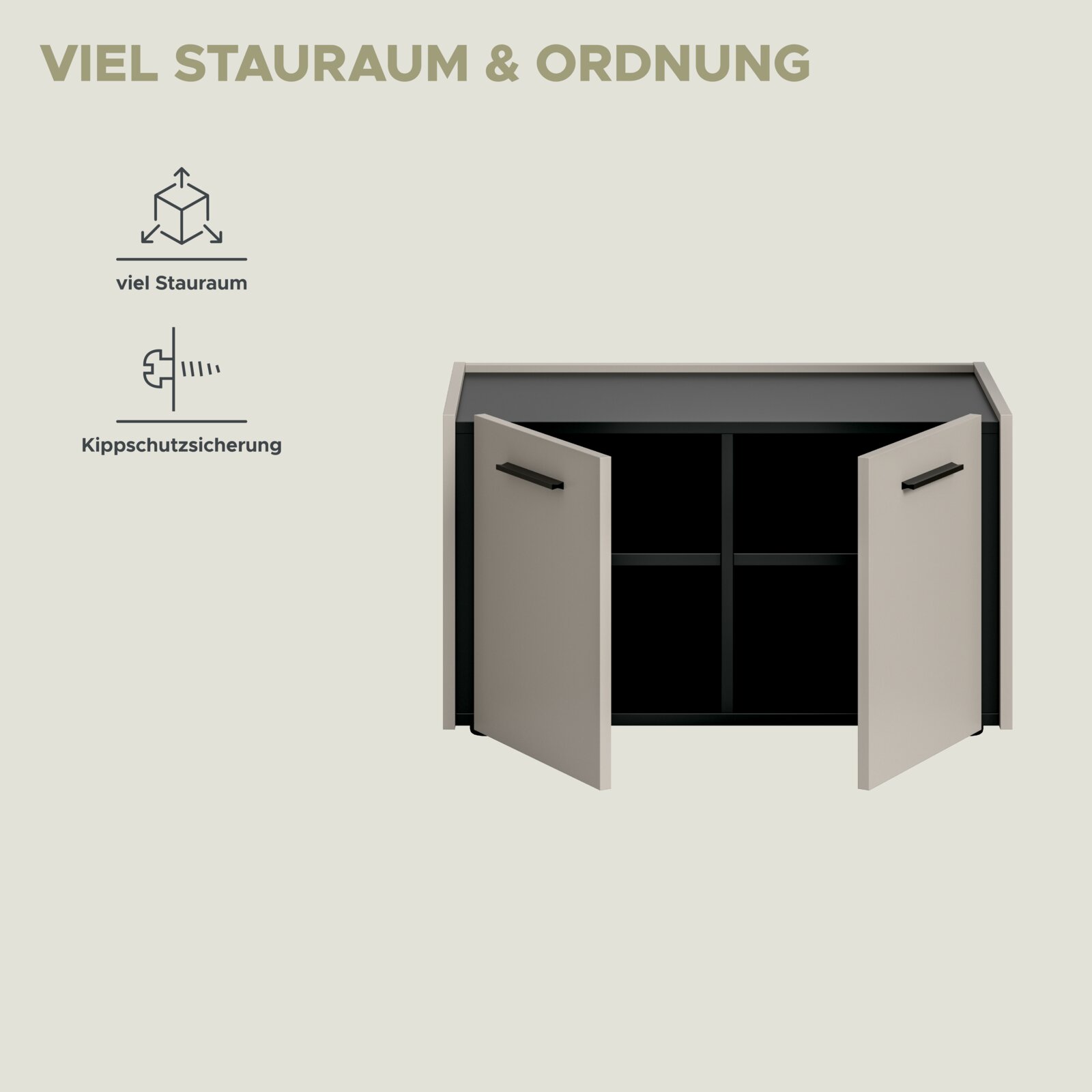 Geöffneter Unterschrank/Sideboard mit zwei Türen und schwarzen Griffen, innen mit vier Fächern, Vorderansicht in leichter Schrägperspektive; Hinweisgrafik „Viel Stauraum & Ordnung“ mit Icons für viel Stauraum und Kippschutzsicherung.