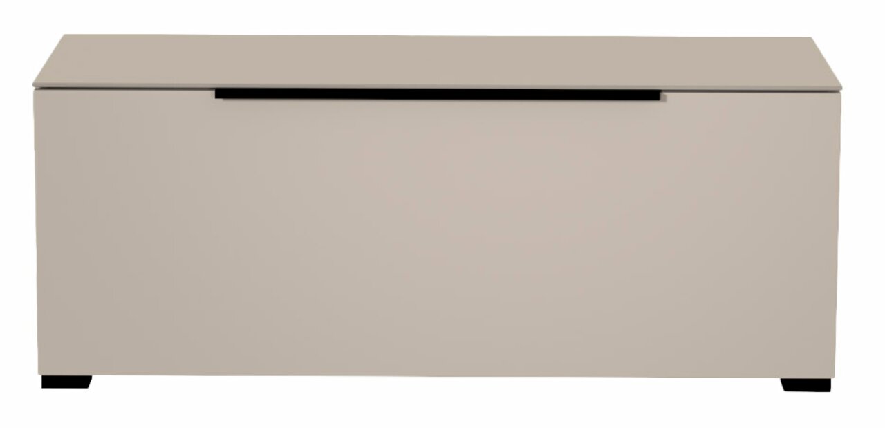 Frontansicht eines modernen, beigen TV-Lowboards mit schlichtem Design und schwarzem Griff.