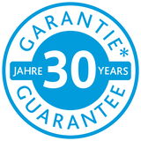 Rundes blaues Siegel mit der Aufschrift '30 Jahre Garantie' in Deutsch und Englisch, Vorderansicht