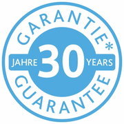 Rundes blaues Siegel mit der Aufschrift '30 Jahre Garantie' in Deutsch und Englisch, Vorderansicht