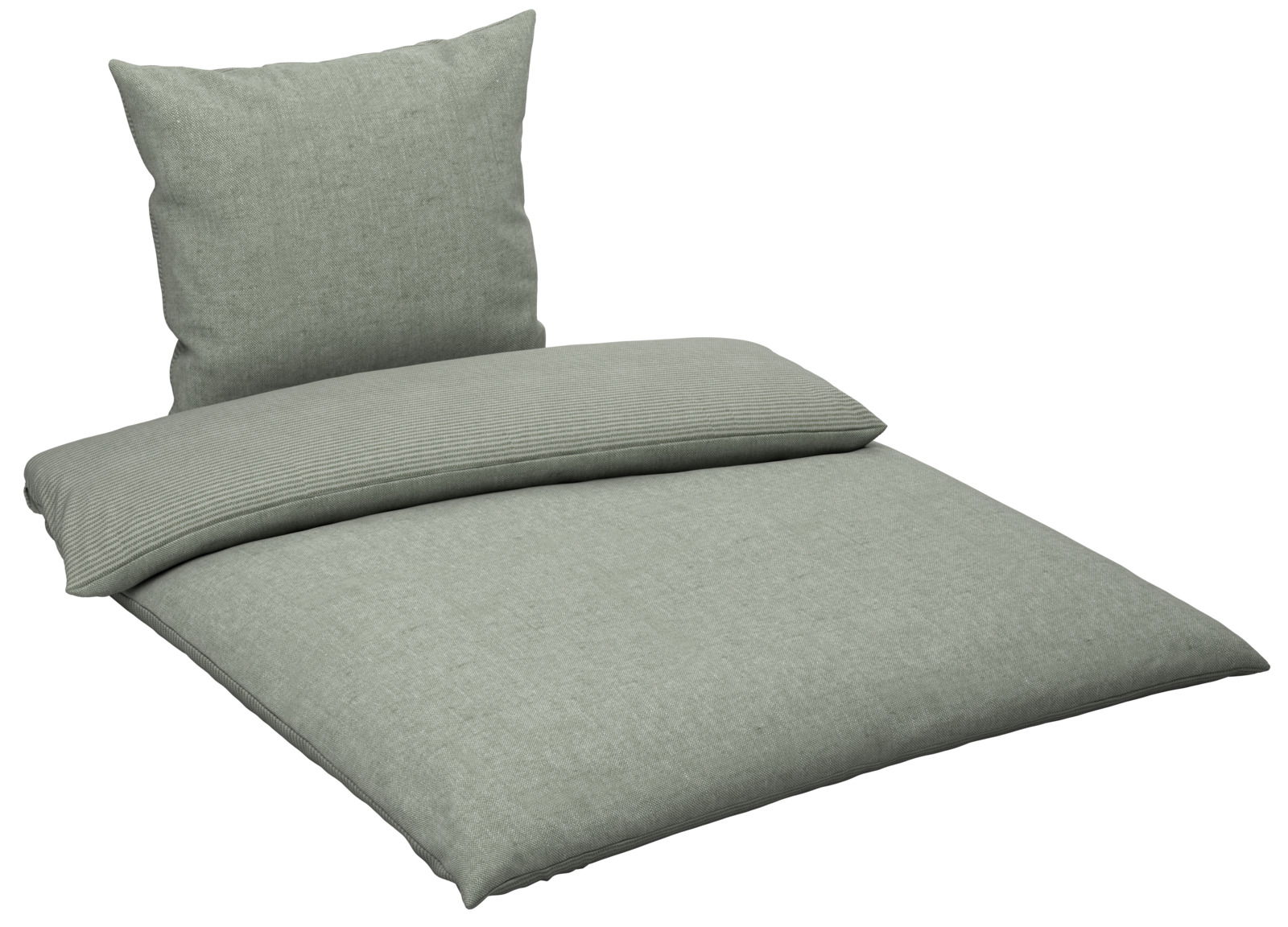 Graue Wendebettwäsche mit Kissen und Decke, aus einer leicht erhöhten Perspektive fotografiert.