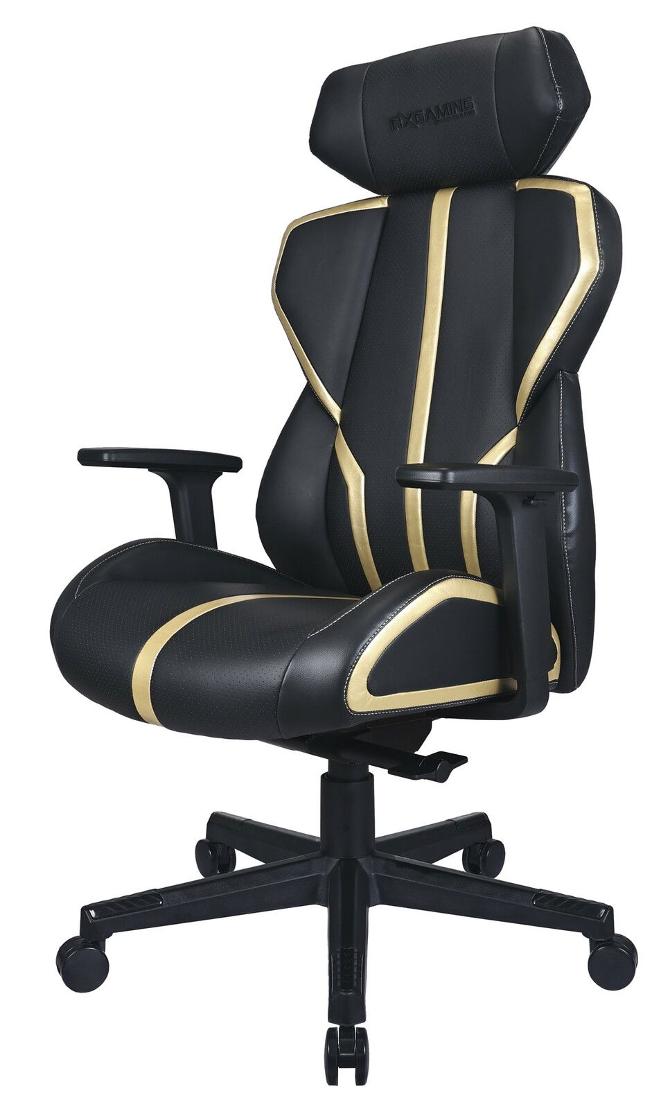 Schwarzer Gaming-Stuhl mit goldenen Akzenten, seitliche Perspektive