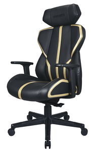 Schwarzer Gaming-Stuhl mit goldenen Akzenten, seitliche Perspektive