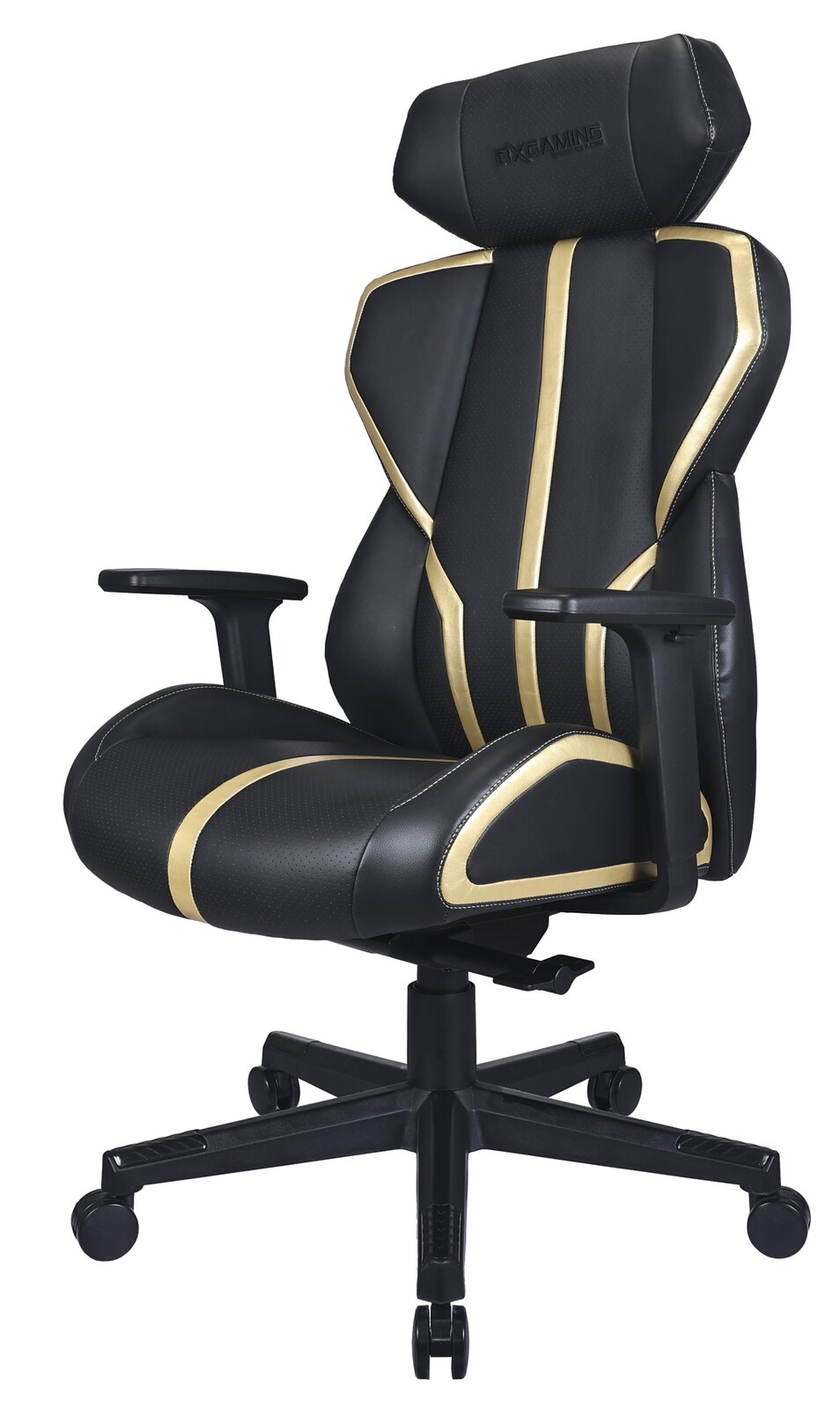Schwarzer Gaming-Stuhl mit goldenen Akzenten, seitliche Perspektive